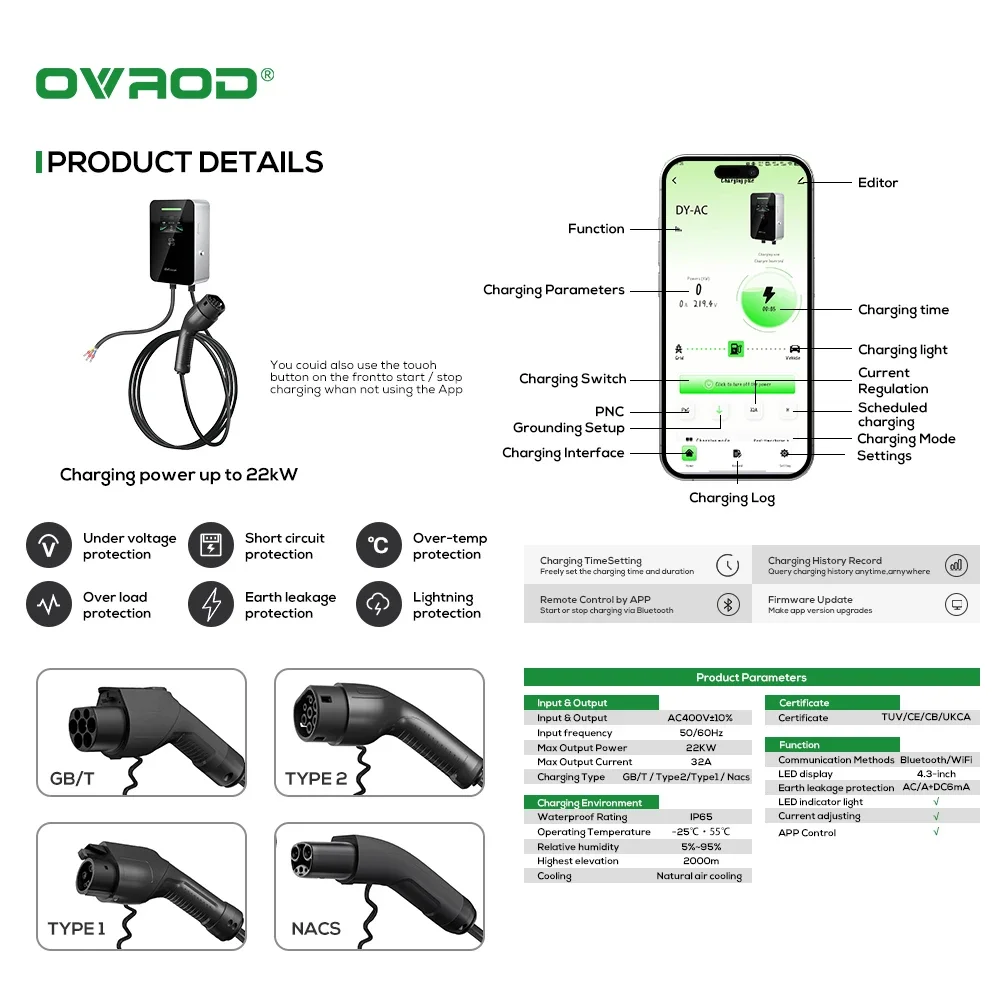 Ovrod Factory Evse Ac 7kw 11kw - Ev Charger Type 2 22Kw 32A 3 Phase ulasan dan harga